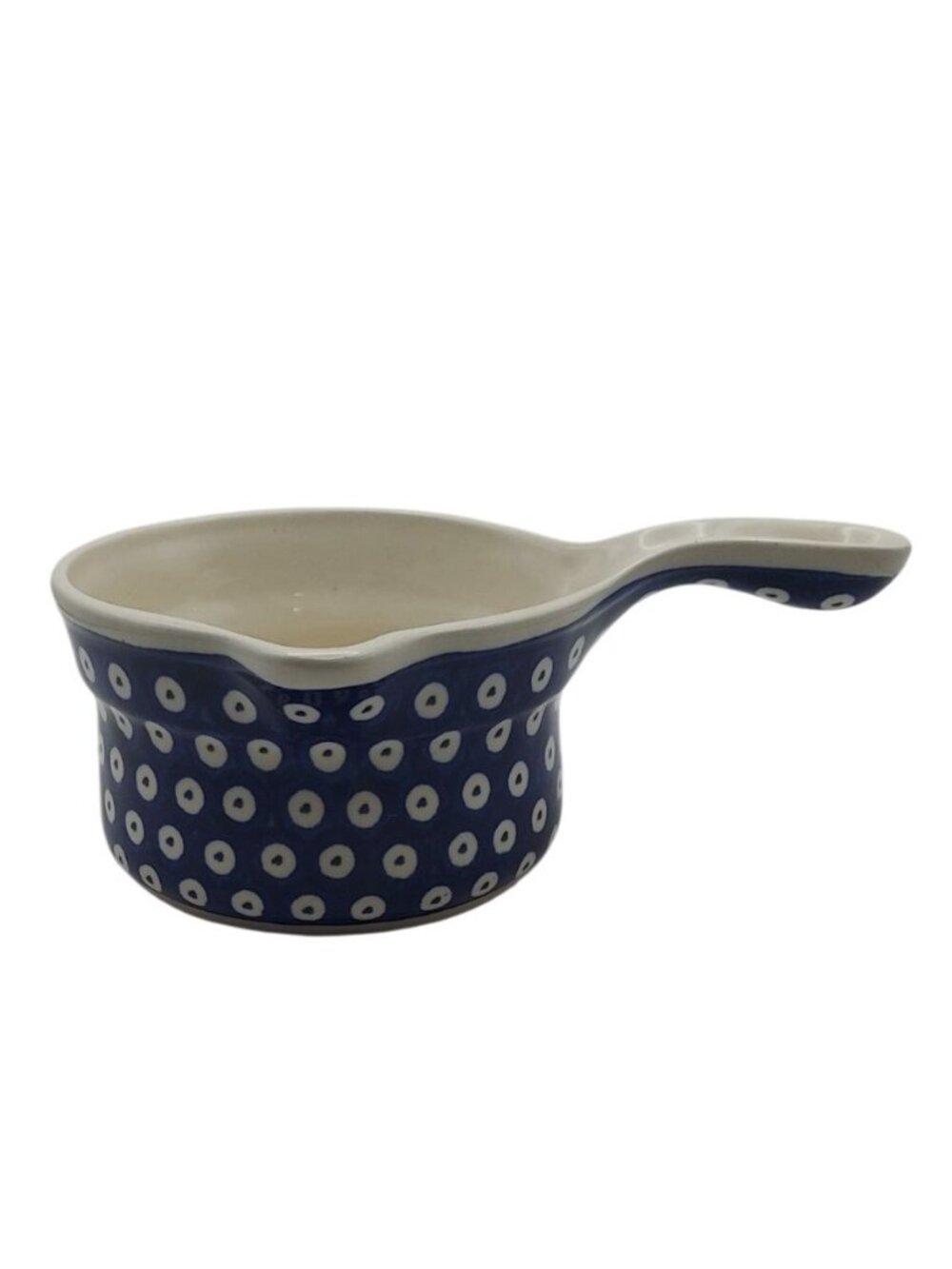 Handmade Bolesławiec Polish Pottery Blue & White Polka Dot Sauce Dish w/ Handle